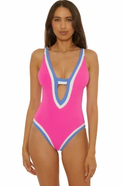 Becca Plunge Neck>COAST LINE 1PC PLUNGE |ROSE BERRY|BLACK/TAN